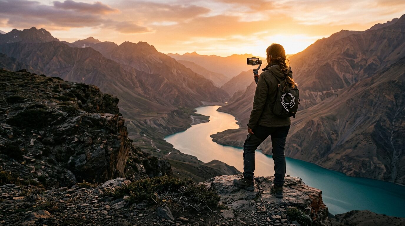 A travel creator filming at golden hour above a mountain lake
